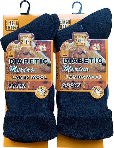 reshmena® 2 Merino Diabetic Mens Wool Socks Loose Top Men Wool Non-Elastic Sock's Mens Thick Boot Socks Winter Sock 2.4 TOG UK Size 6-11 Black