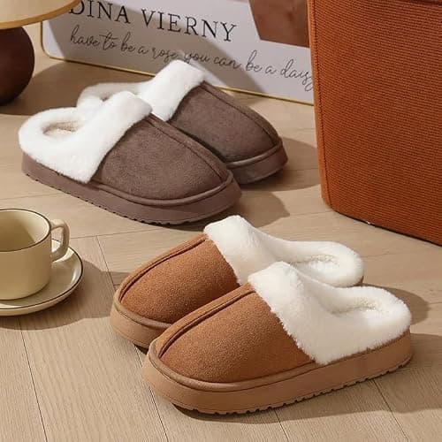 HomeFunk Women's Fluffy Slippers Warm Comfy House Slippers for Women Non-Slip Indoor Outdoor (COFFEE, UK Footwear Size System, Adult, Men, Numeric Range, Medium, 3.5, 4.5) — view 6