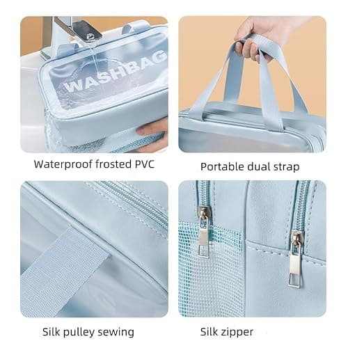 FoxCyllene Clear Waterproof Toiletry Bag, Large Capacity Travel Wash Bag with Dual Handles, PVC Cosmetic Organiser with Dry-Wet Separation (Blue, L) — view 3