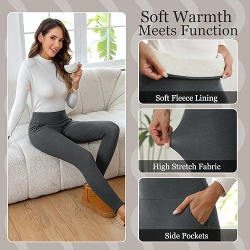 CrystErzoix Fleece Lined Leggings Women High Waisted Thermal Leggings Thick Ladies Sports Yoga Leggings Winter Warm with Pockets, Heather Grey S — view 4