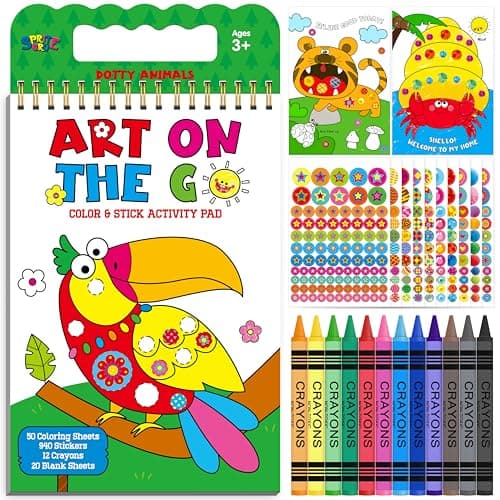 SpriteGru Road Trip Coloring Kit, 50 Coloring Pages with 940 Decorative Stickers & 12 Crayons, Mess-Free Travel Sticker Collage Activity DIY Dotty Animals Travel Art Craft Kit for Kids, Toddlers