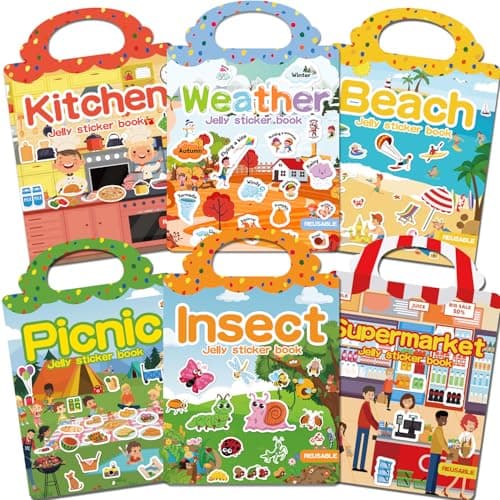 CREATIVETREES 6 Sets Reusable Sticker Book for Toddlers 3-6, Jelly Sticker Books for Toddler, Travel Sticker Activity Toys for Kids 3 4 5 6 Years Old Girls & Boys