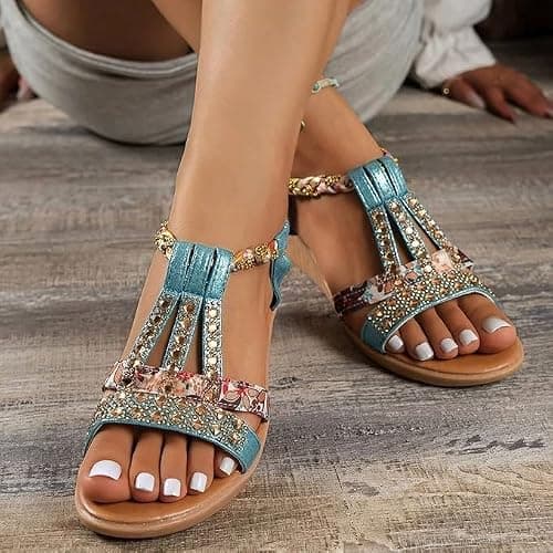 AEHAXGD Rhinestone Wedge Sandals for Women 2026 Summer Orthopedic Bohemia Sparkly T Strap Shoes Embellished Jeweled Beaded Sandals with Elastic Ankle Strap Comfy Cute Sandals for Beach Travel — view 2