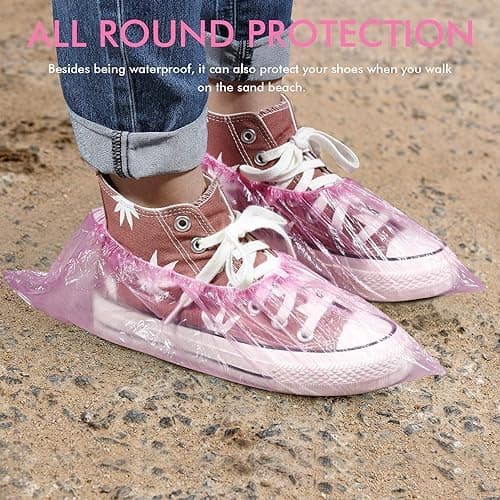100 Pieces Disposable Shoe Covers - Pink Plastic, Anti Slip, Dust Proof, Waterproof Overshoes – Indoor, Outdoor, Carpet, Floor, Rain, Boot, Safety, Cycling, Strong Foot Covering — view 6