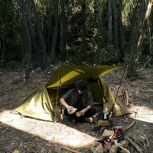 Night Cat Hammock Tent for 1 Person: Triangle Flat Bottom Hammock with Mosquito Net and Outdoor Camping Waterproof Tarp for Backpacking in Jungle Army Green — view 6