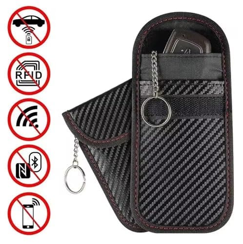 KAV Faraday Box with 2 Faraday Pouches - RFID Signal Blocking Car Key Fob Protector, Anti-Theft Keyless Entry Case for Keys, Phones & Cards, Durable Carbon Fiber Design with PU Leather & Wood — view 2