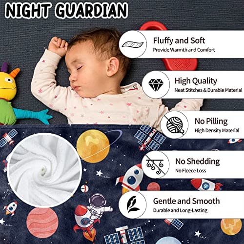 Space Theme Throw Blanket for Boys, Cozy Outer Space Rocket Planet Fluffy Flannel Blanket Gift for Kids, 100 x 130 cm Soft Warm Navy Blue Astronaut Galaxy Planet Blanket for Toddler Sofa Bed Couch — view 3