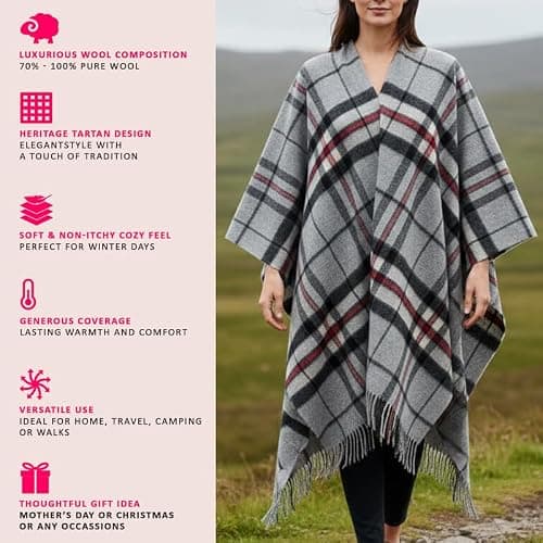 BRAW CLANS TARTANS Soft wool Tartan Poncho Blanket cape made in Scotland - Ruana cloak style - full body shawl - Mothers day Gift - Home, Travel, Camping - Thomsn Grey Tartan — view 3