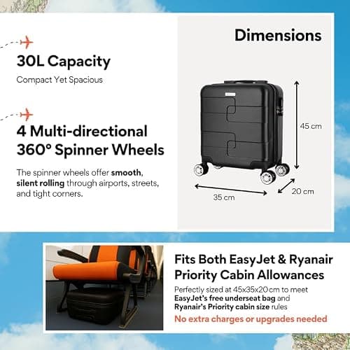 WORLD EXPLORER Black Cabin Suitcase 45x35x20cm, 30L ABS Hardshell, 4 Wheels — view 2