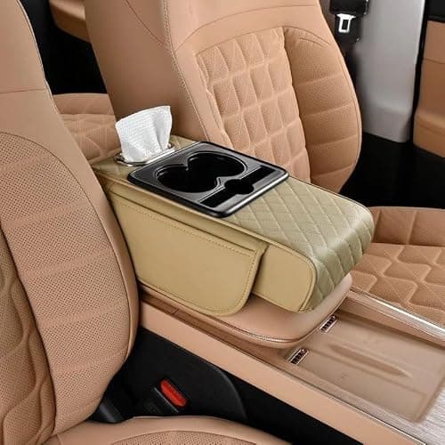 Multifunctional Car Armrest Cushion, Armrest Storage Box, Car Armrest Cover, 5-in-1 Center Console Coverwith 2 Storage Bags Cup Holder, Tissue Box Slot, Phone Slot (Beige)