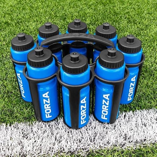 FORZA Water Bottles + Carrier Set [8x Bottles] | Hygeine [1L] or Sports Bottle [750ml] with Stackable Carrier for Football, Rugby, Training, Gym & Teams (Blue, Sports Bottles)