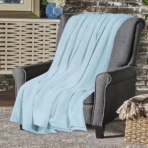 A ATH COLLECTION 100% Pure Organic Cotton Cellular Blanket Thermal Breathable Travel Blanket Extra Soft Warm Lightweight for Adults (Super King 285 x 230 CM, Blue) — view 2