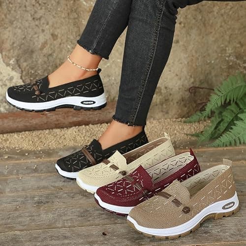 Women's Slip On Walking Shoes Breathable Mesh Knit Flats (Coffee,4) — view 6