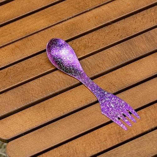 iBasingo 18.5cm Titanium Spork Ultralight Camping Travel Utensil Spoon Fork Knife 3 in 1 Outdoor Multifunctional Portabel Cutlery Picnic Backpacking Tableware Ti1064T (Purple) — view 2