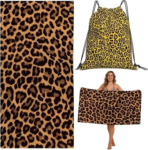 KAOVCXR Leopard Print Beach Towel for Adults, Large Soft Leopard Sand Towel with Drawstring Bag, Travel Pool Swimming Sports Shower Sand Free Quick Dry Bath Towel for Pool, Beach, Yoga- 150x75cm