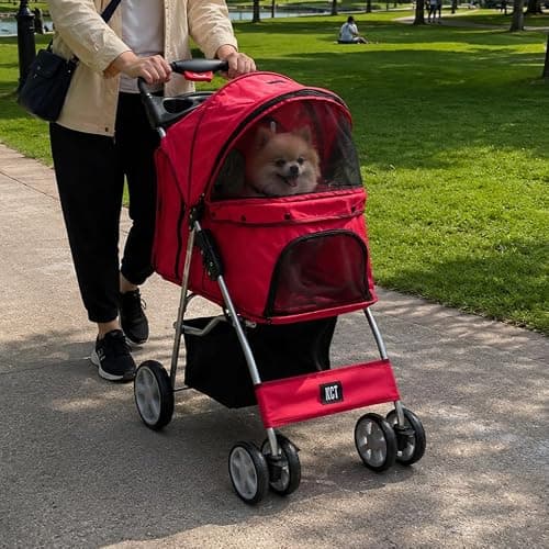 KCT Hooded Foldable Pet Dog Cat Stroller Red- 4 Wheel Travel Carriage with Safety Leash, Canopy, Cup Holder, Storage Tray — view 2
