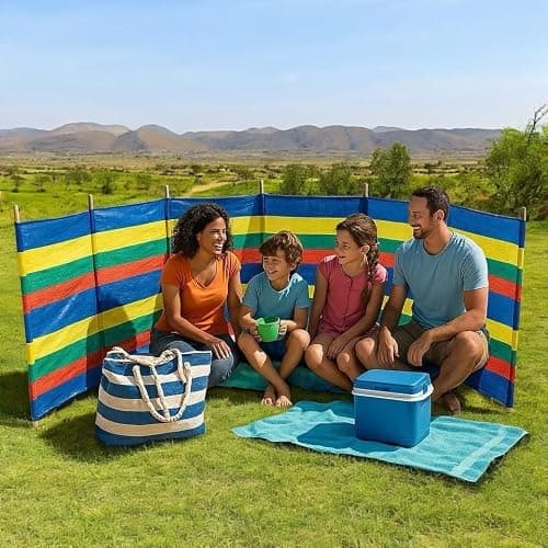 Multi Coloured Windbreak with Wooden Poles Outdoor Privacy Screen for Beach Camping Caravan Garden Travel Shelter Portable Barrier for Picnic Shade Unique Wind Protection Air Sun Partition (5 Poles) — view 3