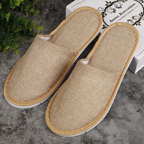 5 Pairs Linen Closed Toe Brown Spa Slippers Disposable Soft Hotel Guest Slippers Men and Women for Spa, Party Guest Visit, Hotel and Travel Non Slip Fits up to UK Men Size 8.5 and Women Size 9 (Brown) — view 3
