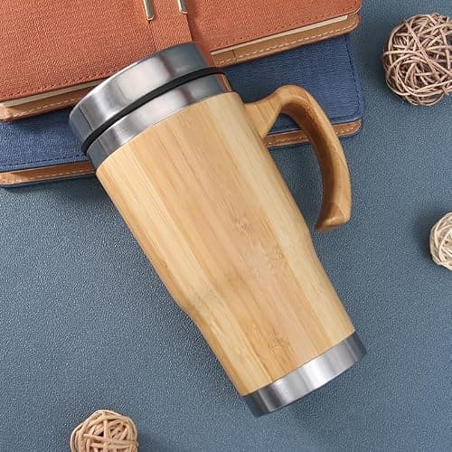 20oz Premium Bamboo Tumbler with Handle - Vacuum Insulated Thermos for Tea, Coffee - Bamboo Stainless Portable Thermal Travel Handle Mug Bottle For Office — view 4