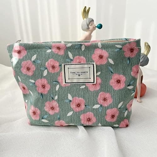 Aucuu Cosmetic Bags, 2 Pcs Small Floral Canvas Cosmetic Bag, Rose Flower Printing Corduroy Toiletry Bag, Multifunctional Travel Makeup Bag with Metal Zipper for Women Girls Gift-Pink&Green Flower — view 5