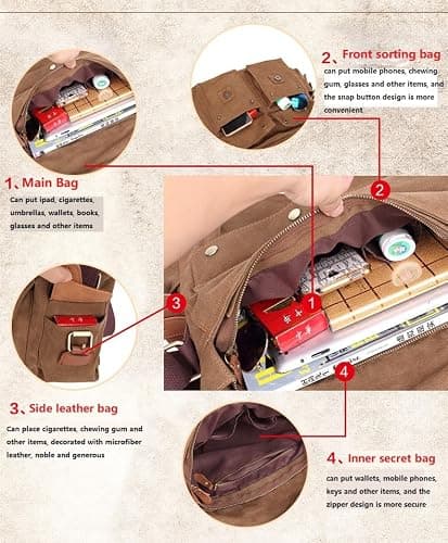 BW Vintage Military Men Canvas Bag - 14.5 inch Mens Vintage Casual Canvas Messenger Bag Men's Military Leather Canvas Travel Briefcase Crossbody Satchel Shoulder School Bag for Notebook Laptop (Brown) — view 5