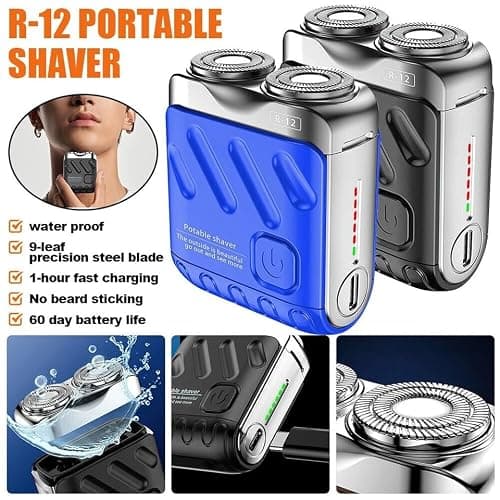 Mini Luggage Electric Razor R-12 for Men, Premium Double Head Beard Shaver, Portable Cordless Shaver with Type-C Fast Charging, IWaterproof Magnetic Shaving Head for Home & Travel (Black) — view 2