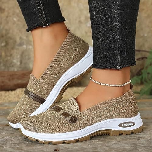 Women's Slip On Walking Shoes Breathable Mesh Knit Flats (Coffee,4) — view 2