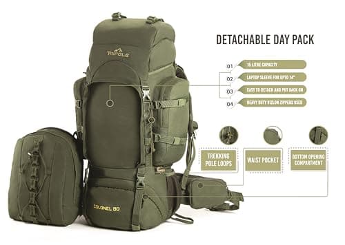 Tripole Colonel 95L Travel Backpack with Detachable 12L Daypack – Waterproof Hiking Rucksack for Women and Men for Camping & Trekking, Internal Frame, Rain Cover, Military Green — view 3