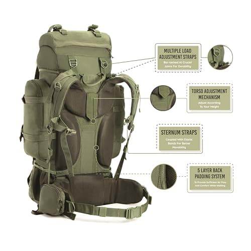 Tripole Colonel 95L Travel Backpack with Detachable 12L Daypack – Waterproof Hiking Rucksack for Women and Men for Camping & Trekking, Internal Frame, Rain Cover, Military Green — view 2