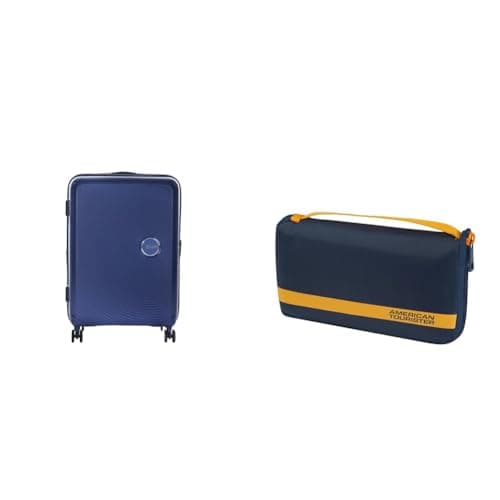 American tourister Soundbox Hard Shell Suitcase 67 cm Medium Blue with Luggage Cover M, Blue/Orange