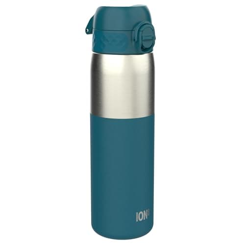 ION8 Lightweight Steel Water Bottle, 600ml/20oz, Non-Insulated, Leak Proof, Easy to Open, Secure Lock, Dishwasher Safe,Flip Cover, Fits Cup Holders,Carry Handle, Metal Water Bottle, Half Cut Deep Teal