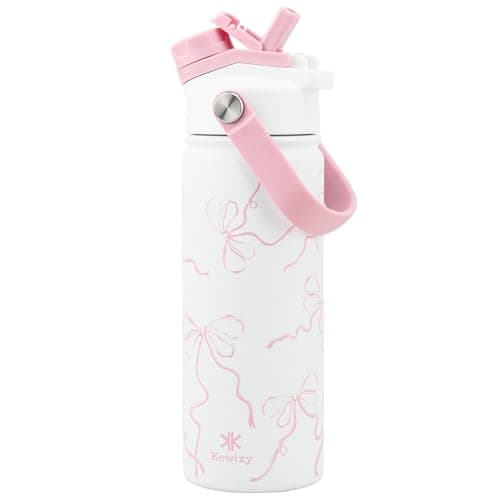 KEWIXY Pink Bow Water Bottle 500 ml/18 oz, 2-in-1 Lid, Stainless Steel Water Bottle with Straw for Women Girls, Ideal Birthday and Back to School Gift (Breeze Pink Bow1)