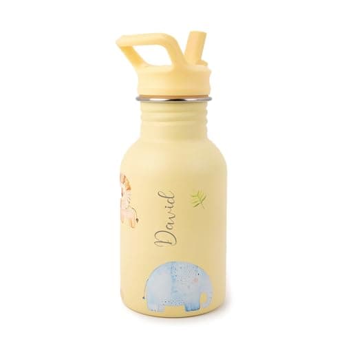 J.Børn Personalised Bottle With Straw For Kids 350ML | Hand-Painted Designs | Single-Skinned, Food-Grade Stainless Steel Bottle | Light Weight Water Bottle | Leak-Proof Bottle (Safari)
