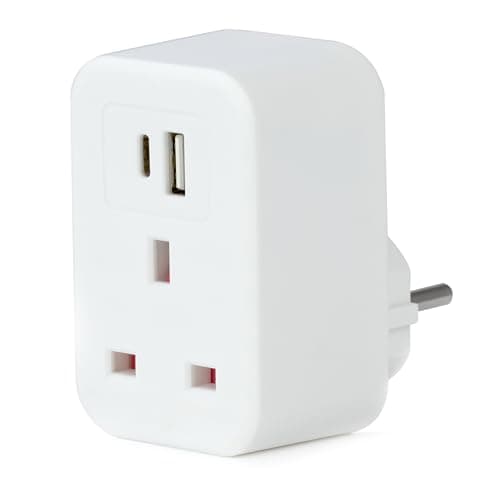 Status UK to EU Travel Adaptor, USB-A & USB-C Ports, White