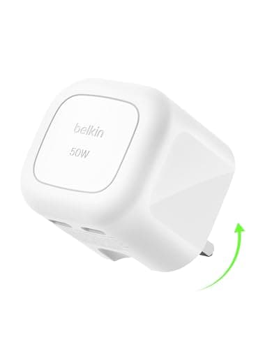 Belkin 2-Port USB-C Plug 50W, Dual-Port GaN Charger with 2x USB C Ports, Fast Charging for MacBook, iPhone 16, iPad Pro, Chromebook, Galaxy S25 Ultra, Pixel 9, etc. - Travel Essentials - White