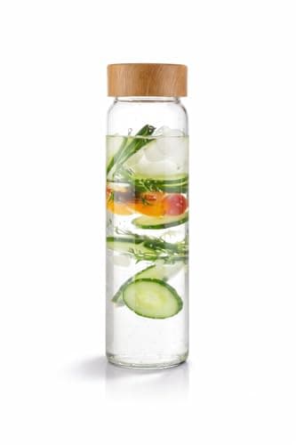 Borosilicate Glass Drinking Bottle, 1L Capacity with leak resistant Bamboo Lid, elegant, transparent, for Water, Beverages and Infused Drinks Storage.