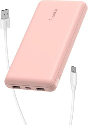 Belkin 10000mAh portable power bank, 10K USB-C portable charger with 1 USB-C port and 2 USB-A ports, battery pack for up to 15W charging for iPhone, Samsung Galaxy, AirPods, iPad, and more - Rose Gold