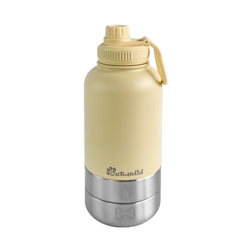 OUT 'N WILD Portable Dog Insulated Water Bottle & Bowls - All-in-One Travel Accessories Pet Food & Liquids for Car, Hiking, Camping - Leak-Proof, Double Walled - 32 oz, 2 Dog Bowls, Beige