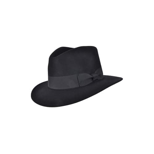 Novella Noori Indiana Jones Style Fedora Hat - Pure Wool Felt Wide Brim Fedora Hat for Men and Women - Crushable, Water-Resistant Vintage Wool Flet Fedoras - (Black, UK, Alpha, L)