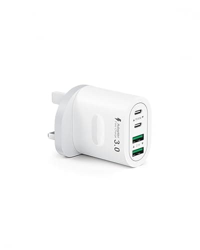 USB C Plug Fast Charge, 60W 4-Port Multi USB Plug UK Dual Port PD Power Adapter (5V/3A, 9V/3A, 12V/2.5A)+QC Mains Wall Charger, Type C Fast Charging for iPhone 16/15/14/13/12 Pro Max, Samsung, iPad