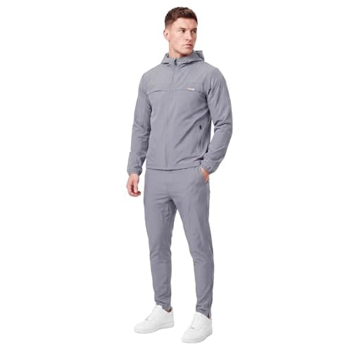 Spindle Men’s 2-Pack Premium Performance Tracksuit Twinset – Tech Bi-Stretch Athletic Hooded Jacket & Jogger Pants Sweatshirt Bundle, Breathable Cotton Poly Training Gym Sweatsuit Set (Grey)