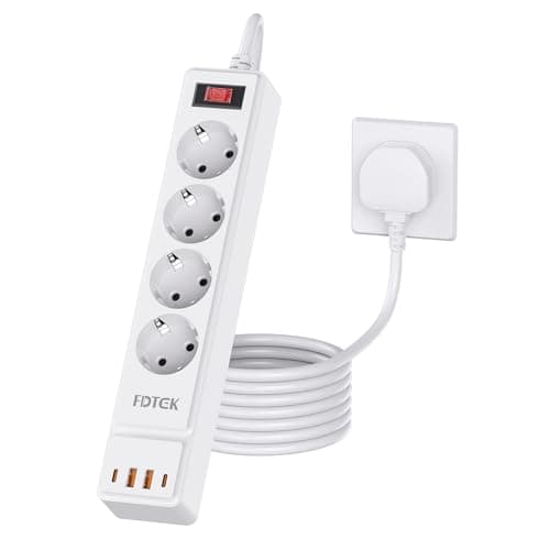 4 Way European to UK Plug Adaptor, EU to UK Plug Adapter with 4 AC Outlets, 2 USB-C Ports & 2 USB-A Ports, 2 Pin to 3 Pin Adapter Plug UK Travel from France, Italy, Spain, Germany, Poland