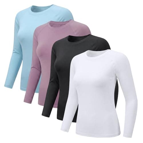 NuCamper 4 Pack Thermal Tops Womens Long Sleeve Shirt Round Neck Soft Thermal Underwear Breathable Compression Base Layer Shirts Casual Slim Fitted Lightweight Ladies Thermals T Shirt for Running