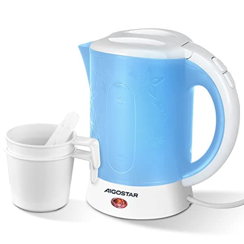 Aigostar 0.6L Compact Travel Kettle Set with Cups & Spoons, 650W, Blue