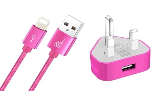 TheMax® USB 2.0 Data Sync Charging Cable 1 meter + 1000mAh USB Charger Plug Compatible with iiPhones 6/7/8/X/XS/XS Max/11/12/12 Pro Max/13/13 Mini/14/14 plus (1 Meter, Pink 2 in1)