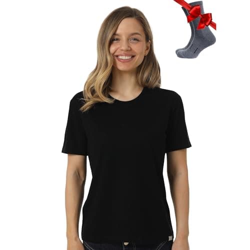100% Merino Wool T Shirt Women - Merino Wool Base Layer Womens + Socks (Large, Black)