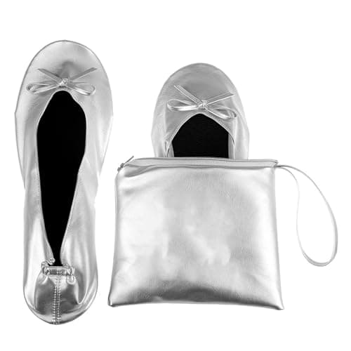 Momolaa UK 5.5 Ladies Roll up Shoesportable Travel Ballet Flat Fold up Pumps After Party Shoes Slipper (with Carrier Pouch) A0_Clearance Silver