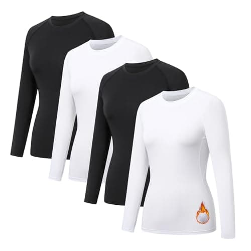 HYCOPROT 4 Pack Women's Thermal Compression Shirts Long Sleeve Fleece Lined Athletic Tops Winter Baselayer Workout Underwear Shirt Warm Wicking Crew Neck Basic Tee Gym Clothing Yoga Running Hiking