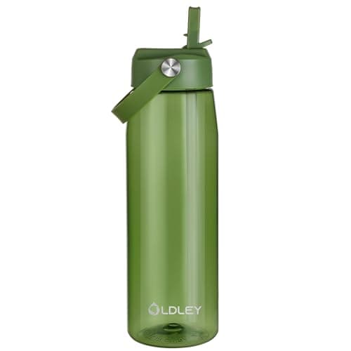 OLDLEY 1000ml/32oz Water Bottle with Straw Tritan 1 Litre Clear Drinks Bottle with Handle BPA Free Leakproof Reusable Large Sports Bottle for Gym, School, Cycling (Army Green)