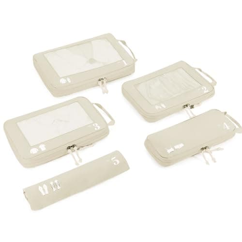 ECOHUB 5 Set Compression Packing Cubes for Suitcases Organiser Bags Travel Accessories with Shoes Bag Tear-resistant Travel Cubes with ID Tag Expandable Packing Bags(Beige)
